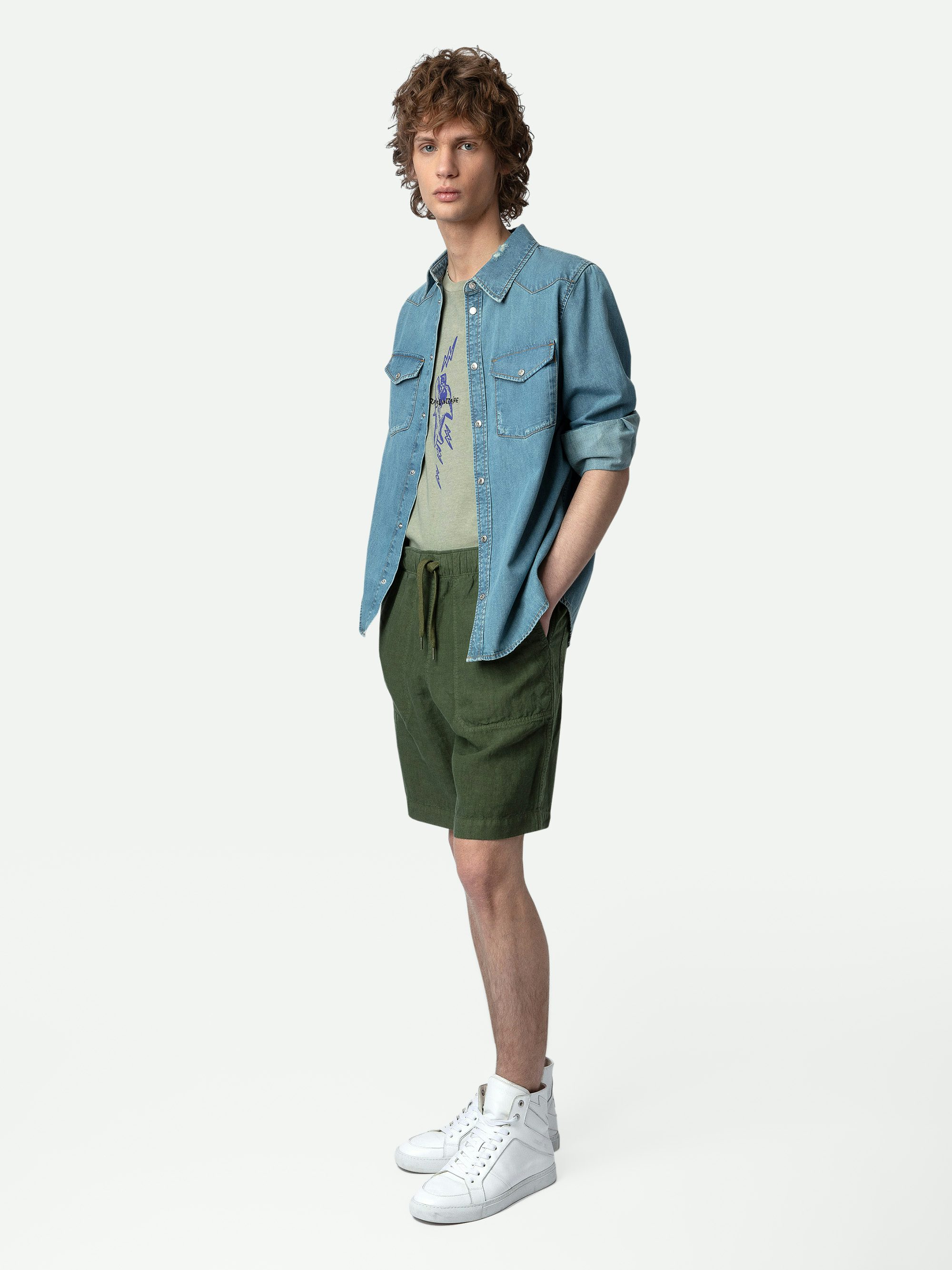 Pixel Linen Bermuda Shorts - Distressed-effect khaki washed linen Bermuda shorts with drawstring ties.